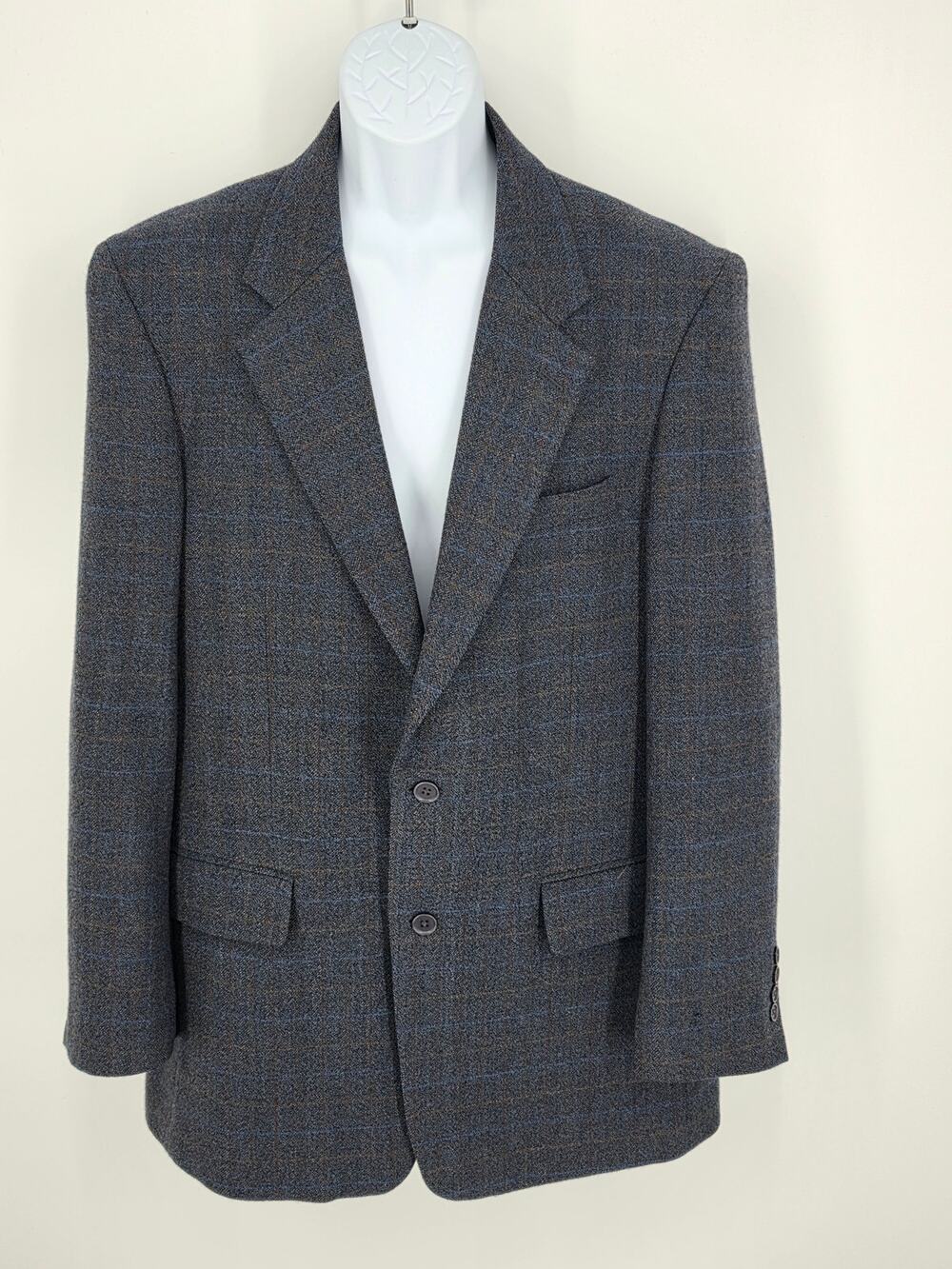 Stafford Harris Tweed Blazer 42R Blue Gray Herringbone Duck Lining Vintage USA